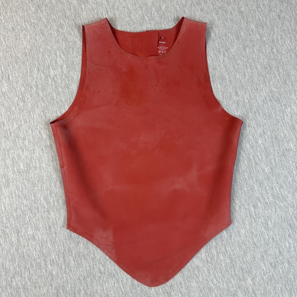 Miaou Jinx Latex Tank Top XS Strawberry Red Handkerchief Hem Corset Crop Zipper